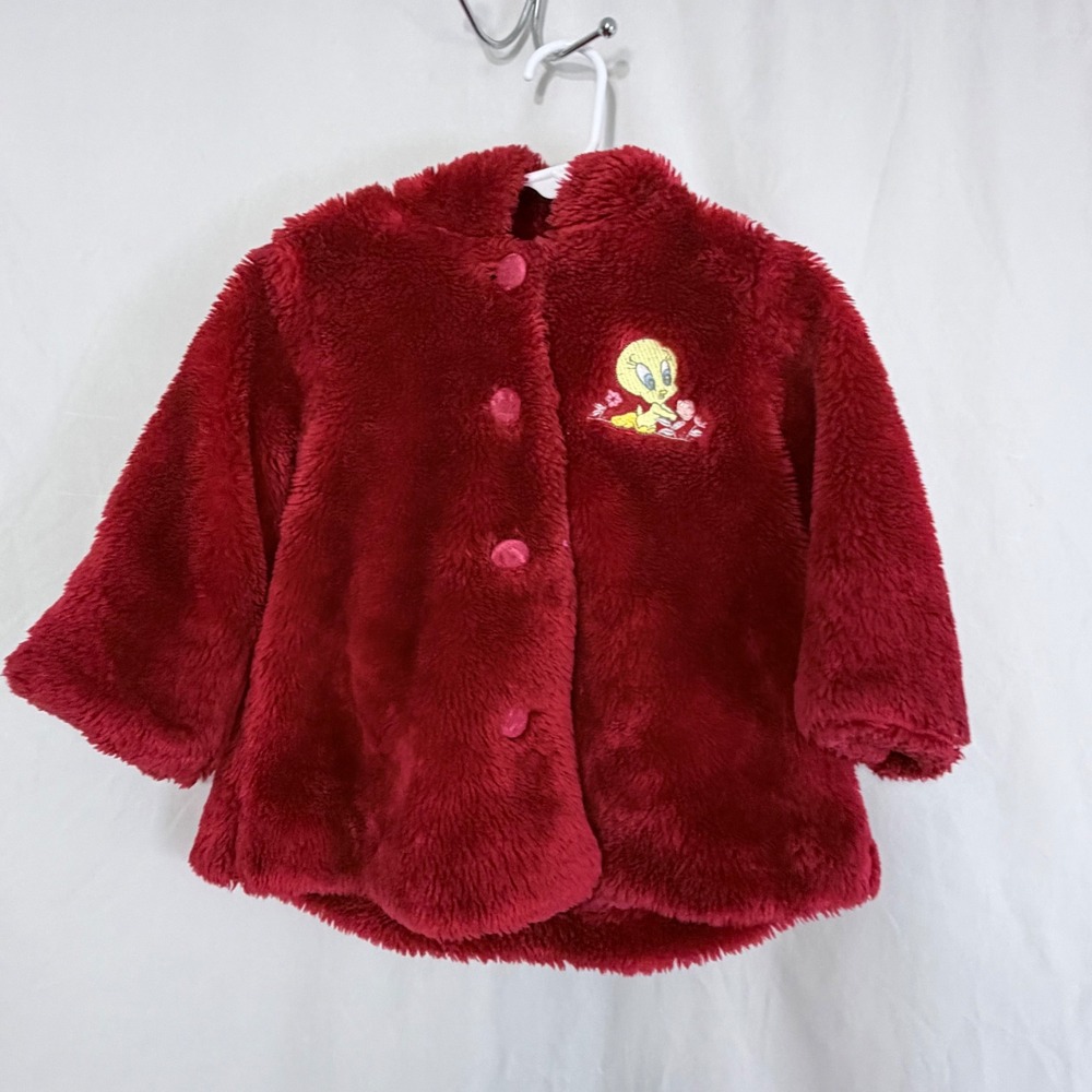 Vintage Tweety Bird Baby Faux Fur Jacket Red Warner Bros 6-12 Months